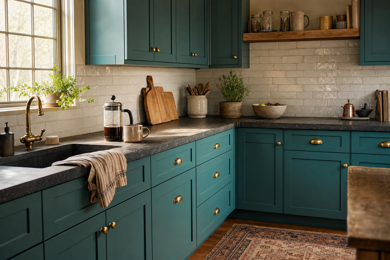 Teal by Benjamin Moore on cabinets