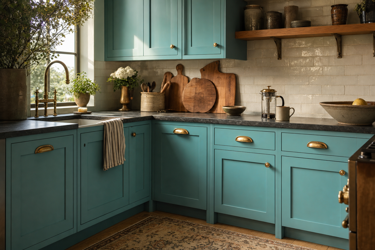 Peacock by Benjamin Moore on cabinets