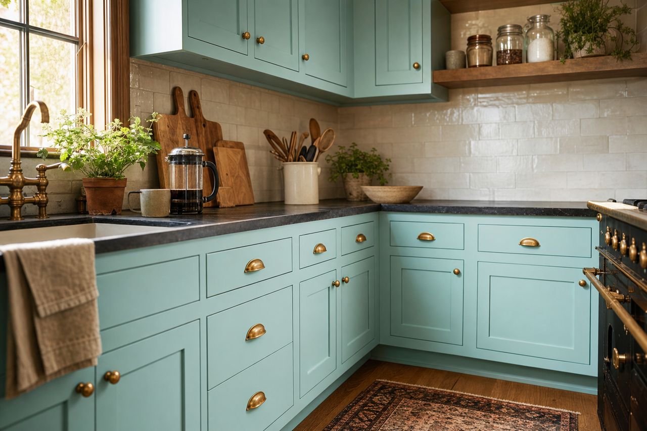 Waterfall by Benjamin Moore on cabinets