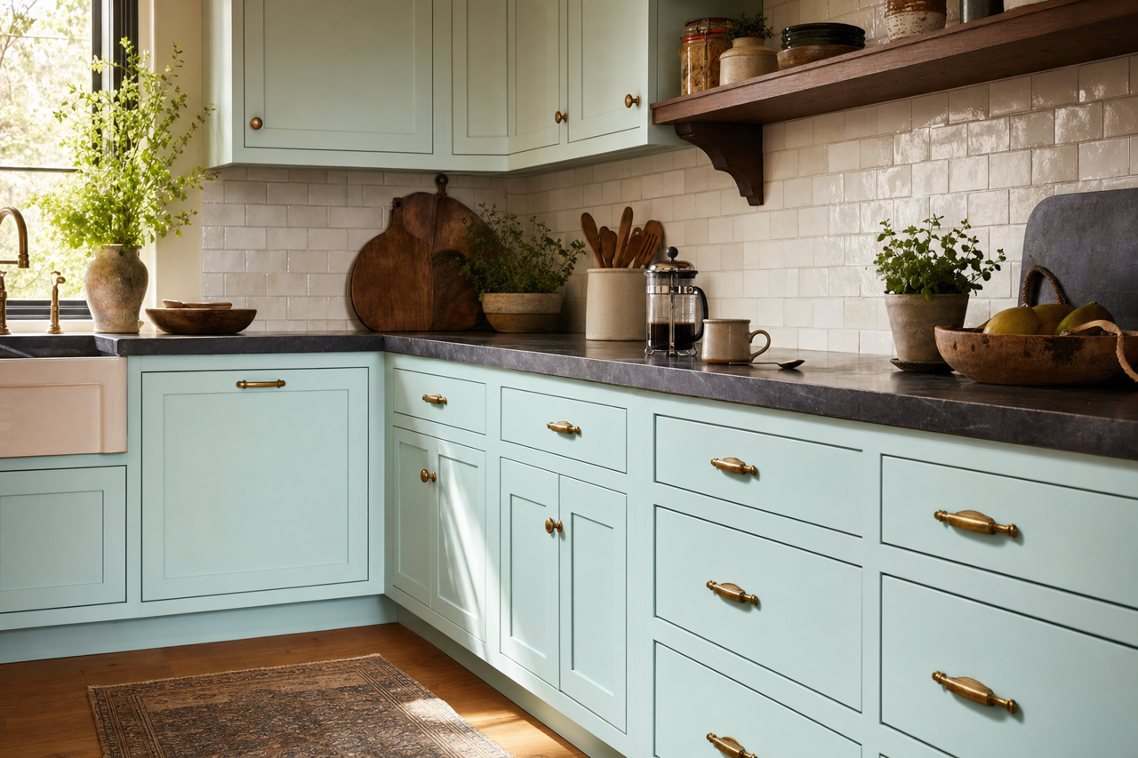 Blue by Benjamin Moore on cabinets