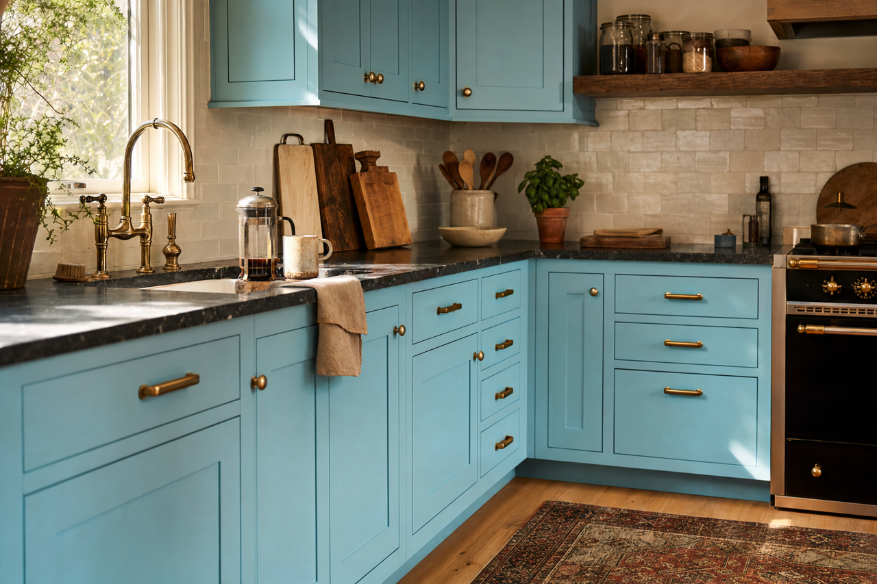 Seaside by Benjamin Moore on cabinets