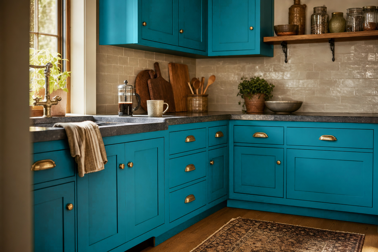 Caribbean by Benjamin Moore on cabinets