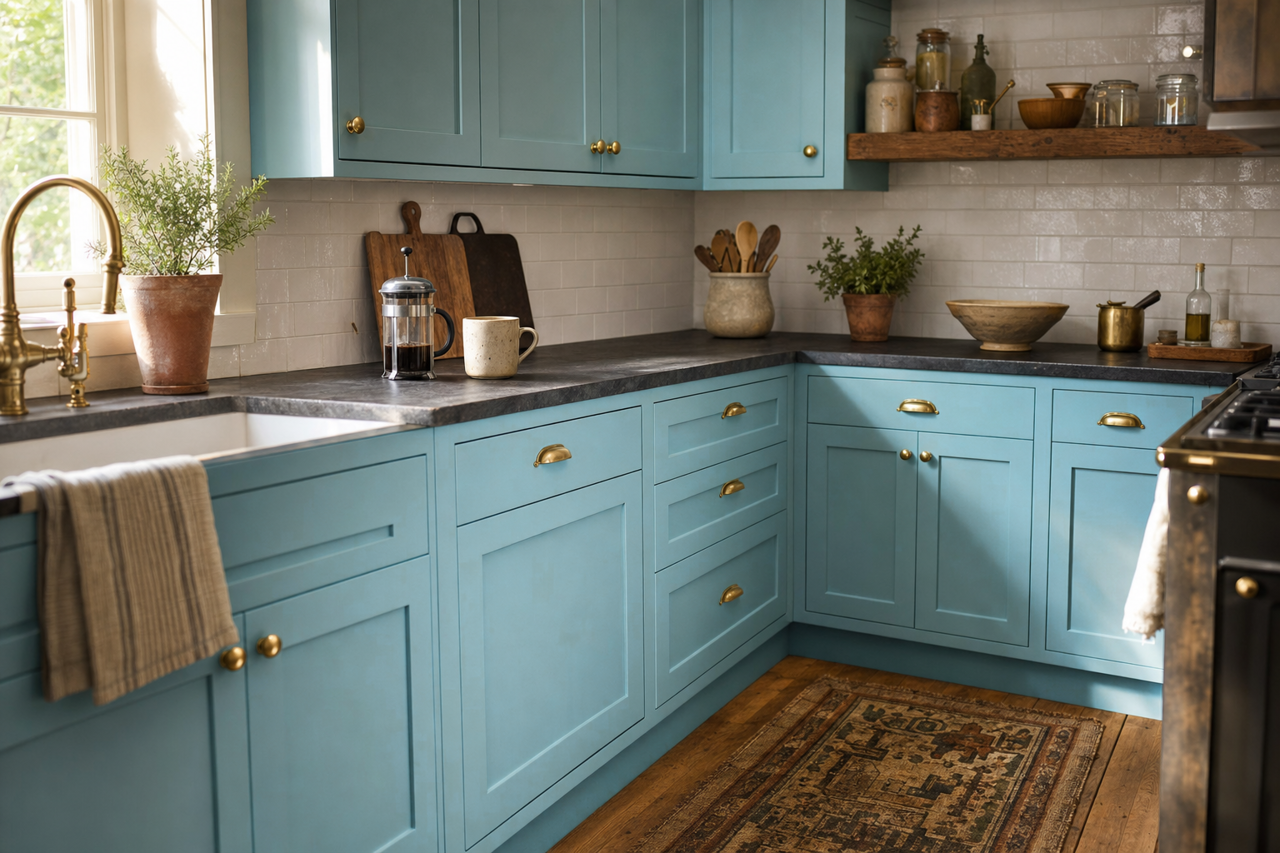Turquoise by Benjamin Moore on cabinets