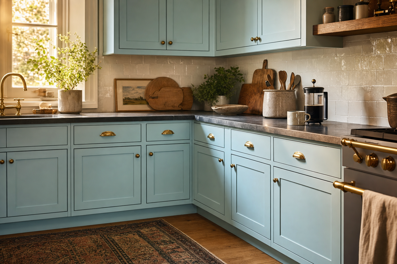 Blue by Benjamin Moore on cabinets