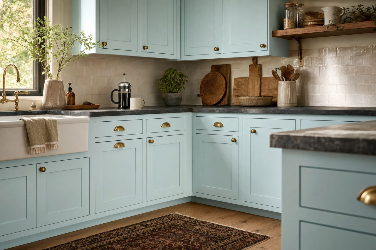 Blue by Benjamin Moore on cabinets