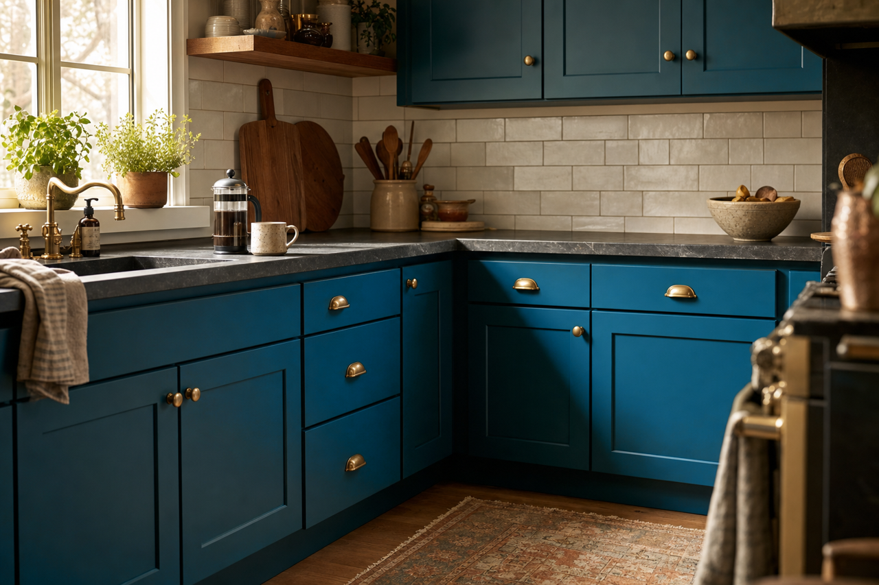 Caribbean by Benjamin Moore on cabinets