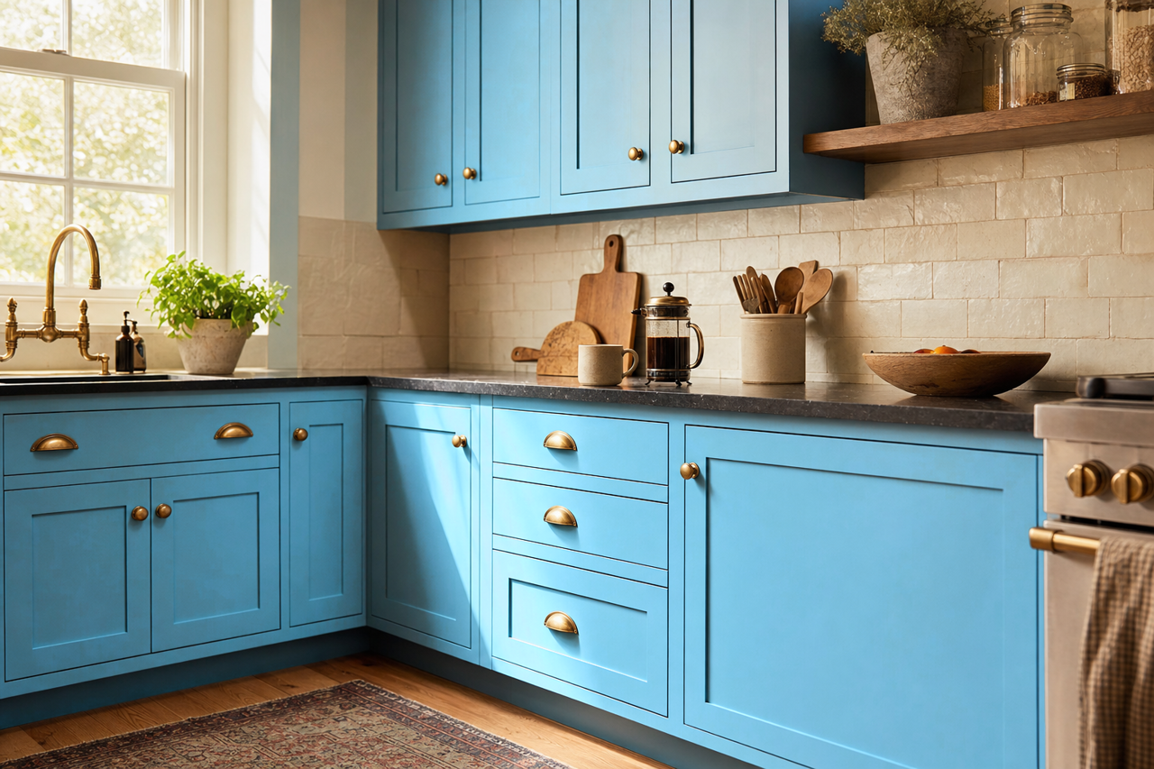 Cayman by Benjamin Moore on cabinets