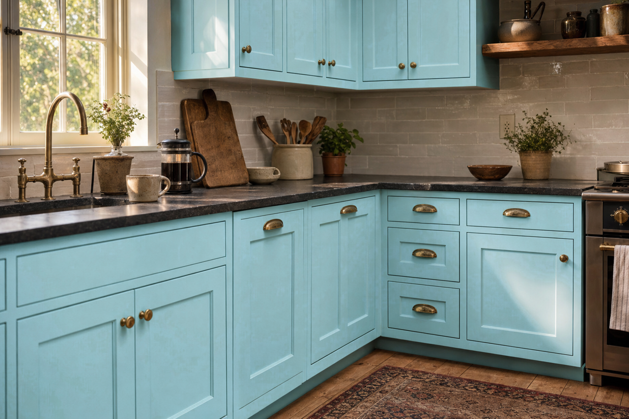 Turquoise by Benjamin Moore on cabinets