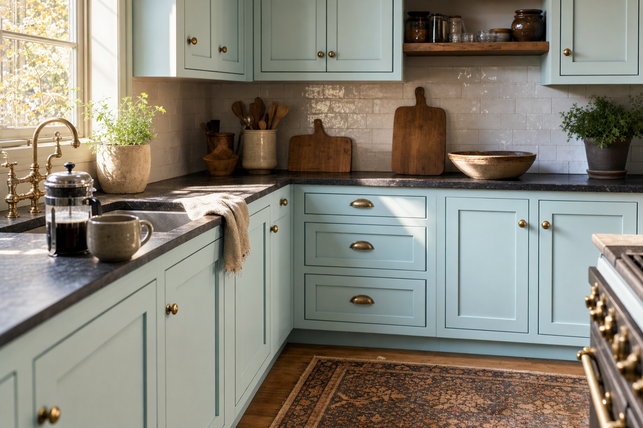 Caribbean by Benjamin Moore on cabinets