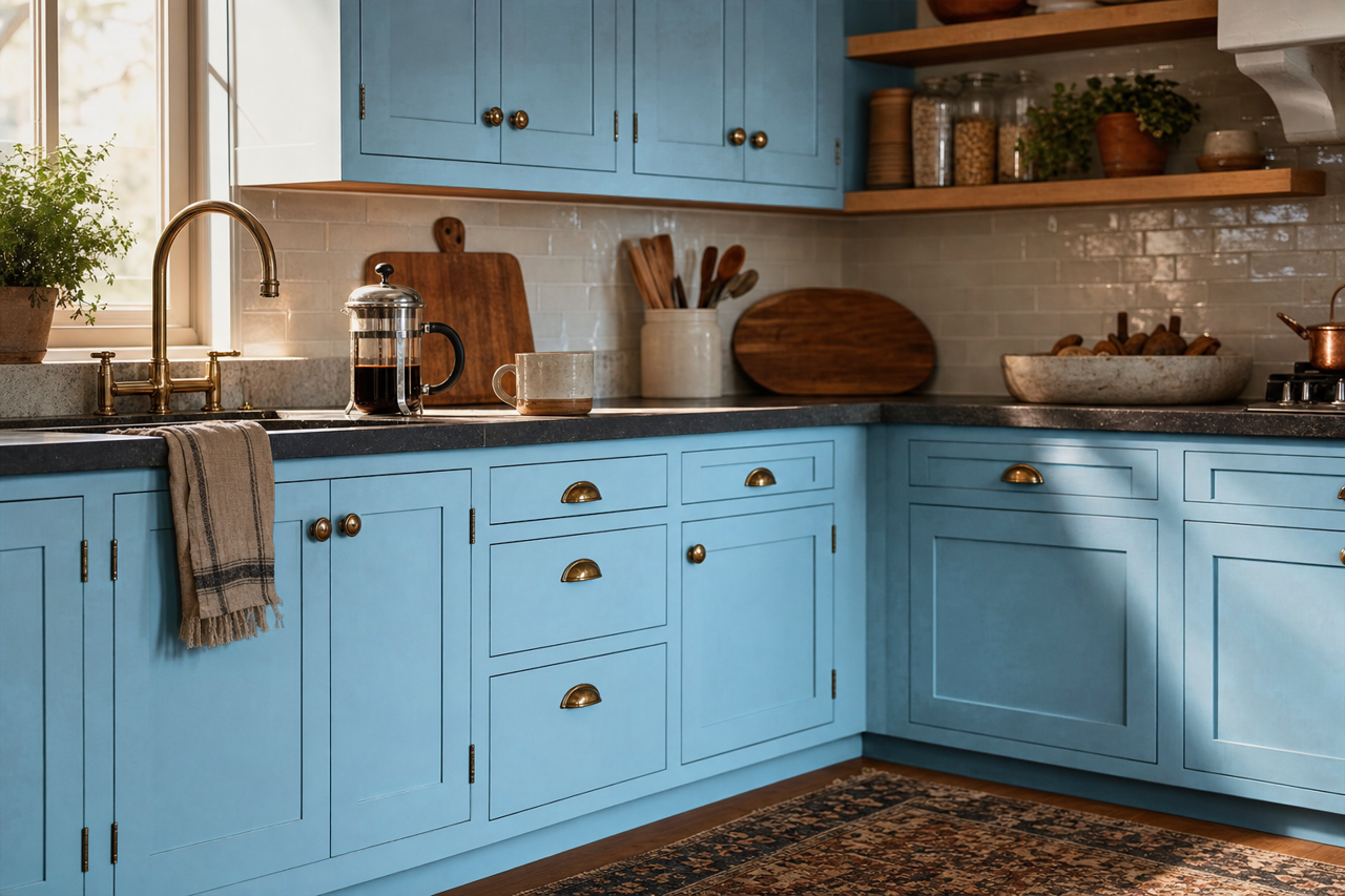 Blue by Benjamin Moore on cabinets
