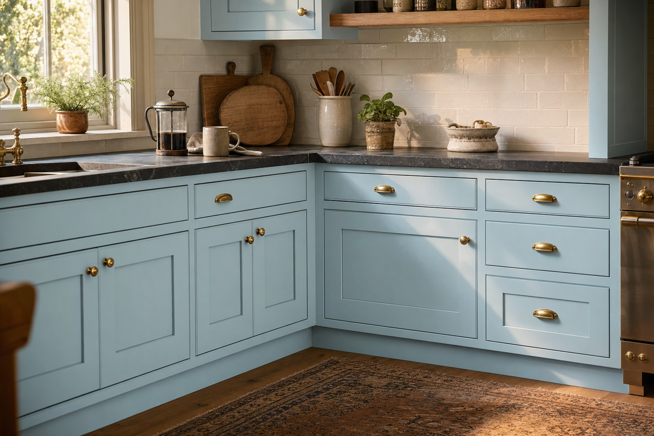 Blue by Benjamin Moore on cabinets