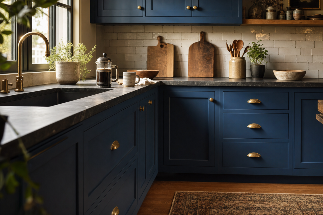 Downpour by Benjamin Moore on cabinets