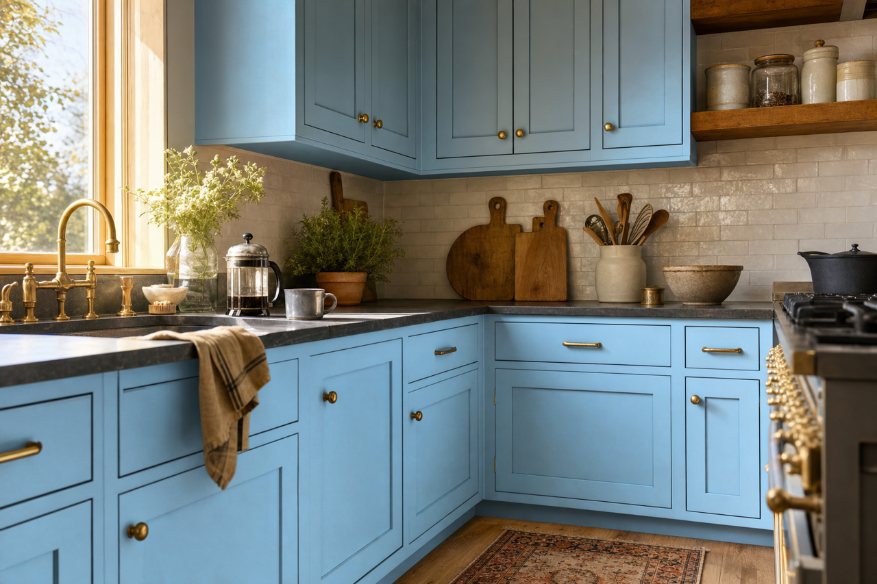 Blue by Benjamin Moore on cabinets