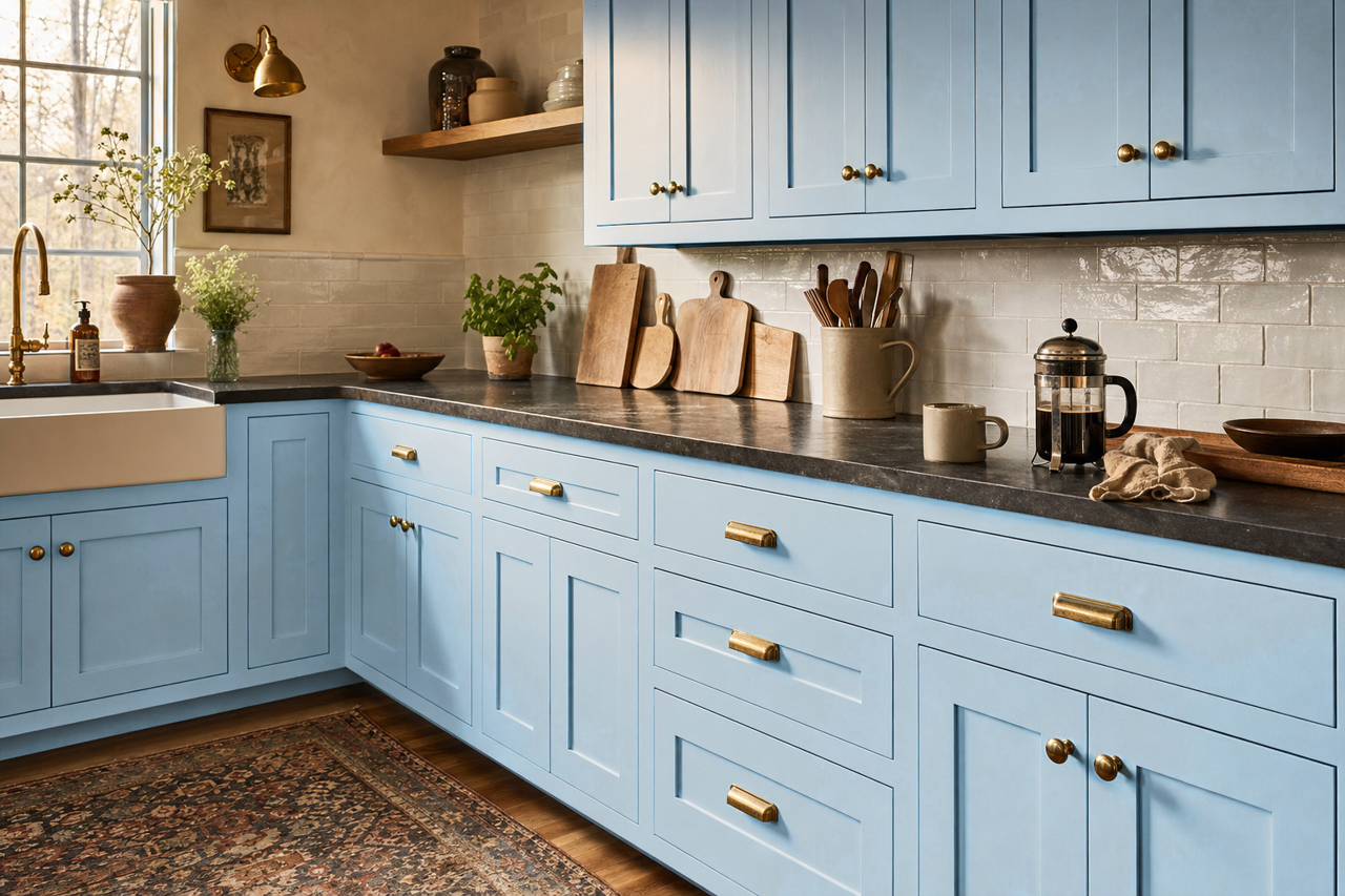 Bluebelle by Benjamin Moore on cabinets