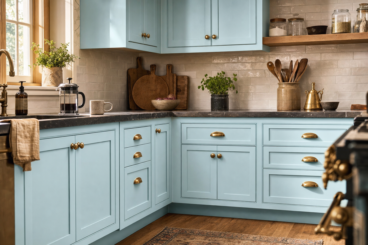 Billowy by Benjamin Moore on cabinets
