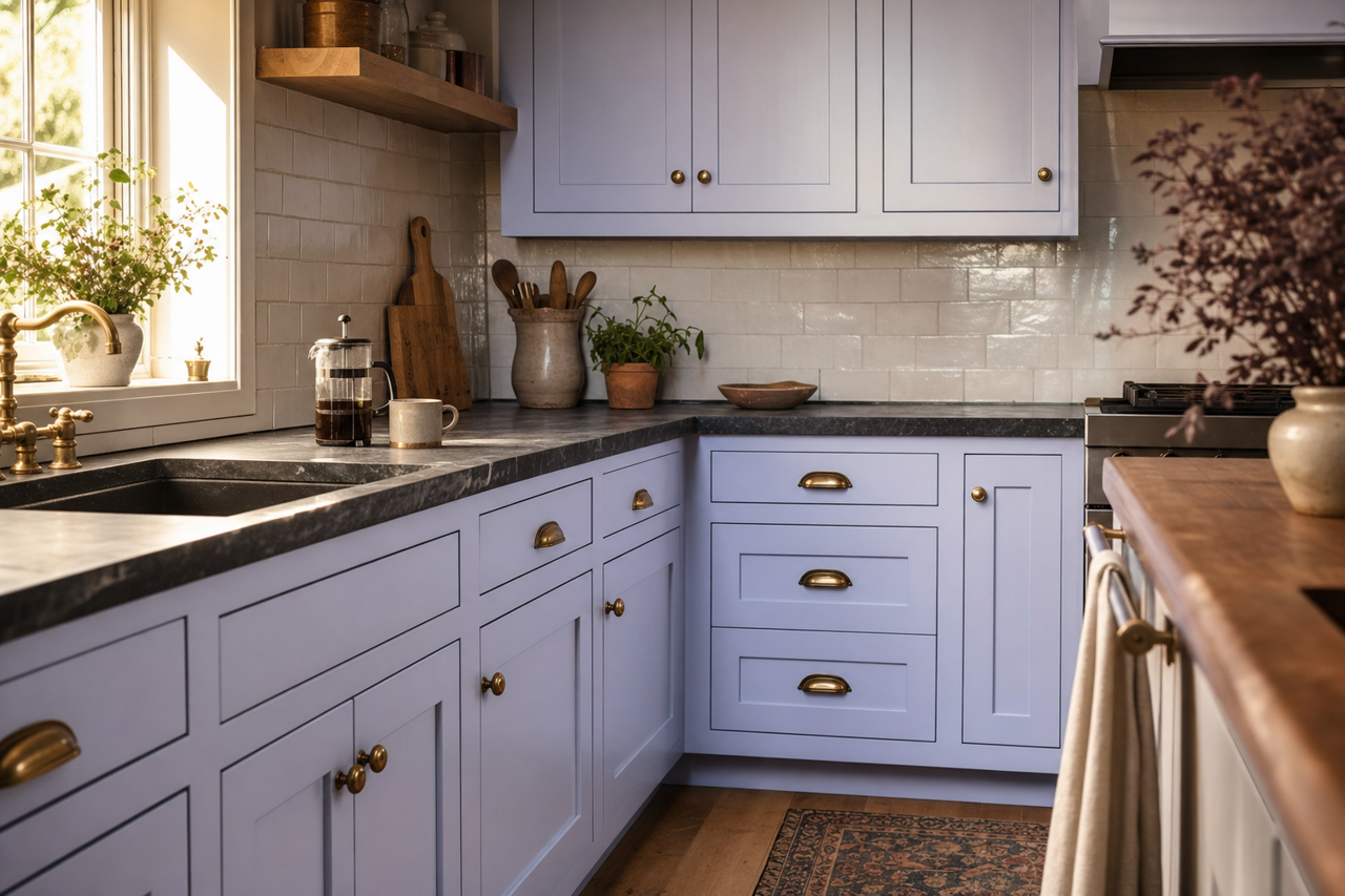 Purple by Benjamin Moore on cabinets