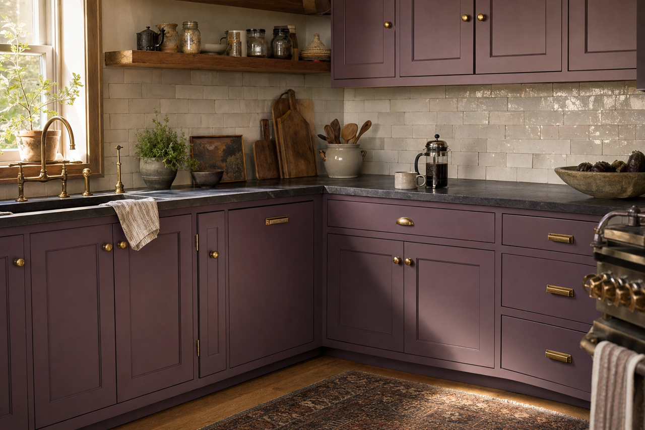 Purple by Benjamin Moore on cabinets