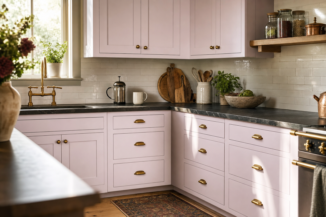 Raspberry by Benjamin Moore on cabinets