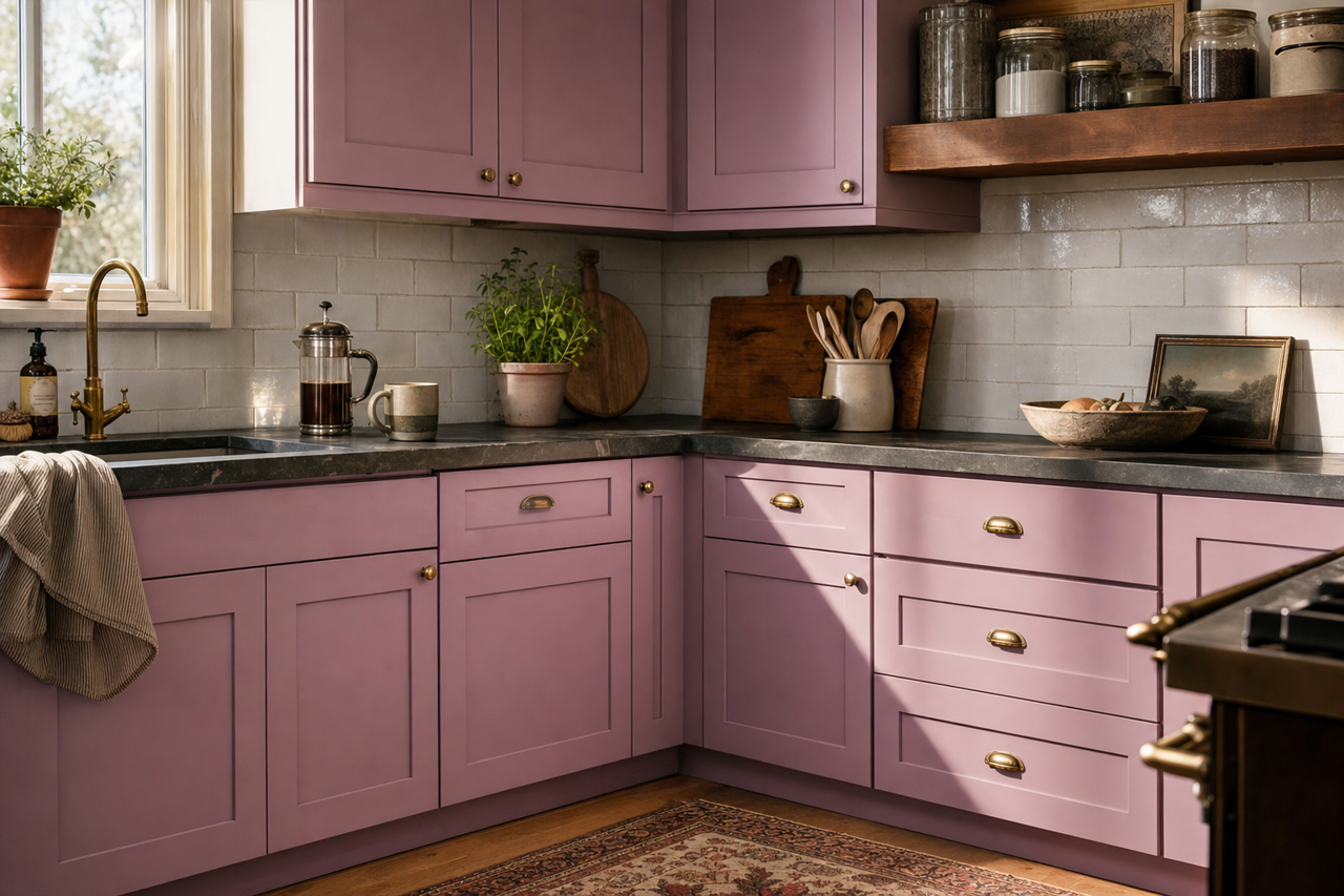 Purple by Benjamin Moore on cabinets