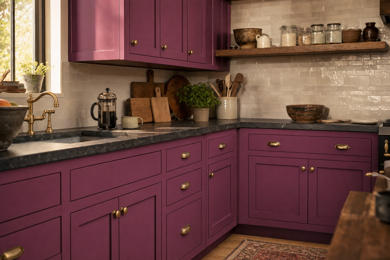 Mulberry by Benjamin Moore on cabinets