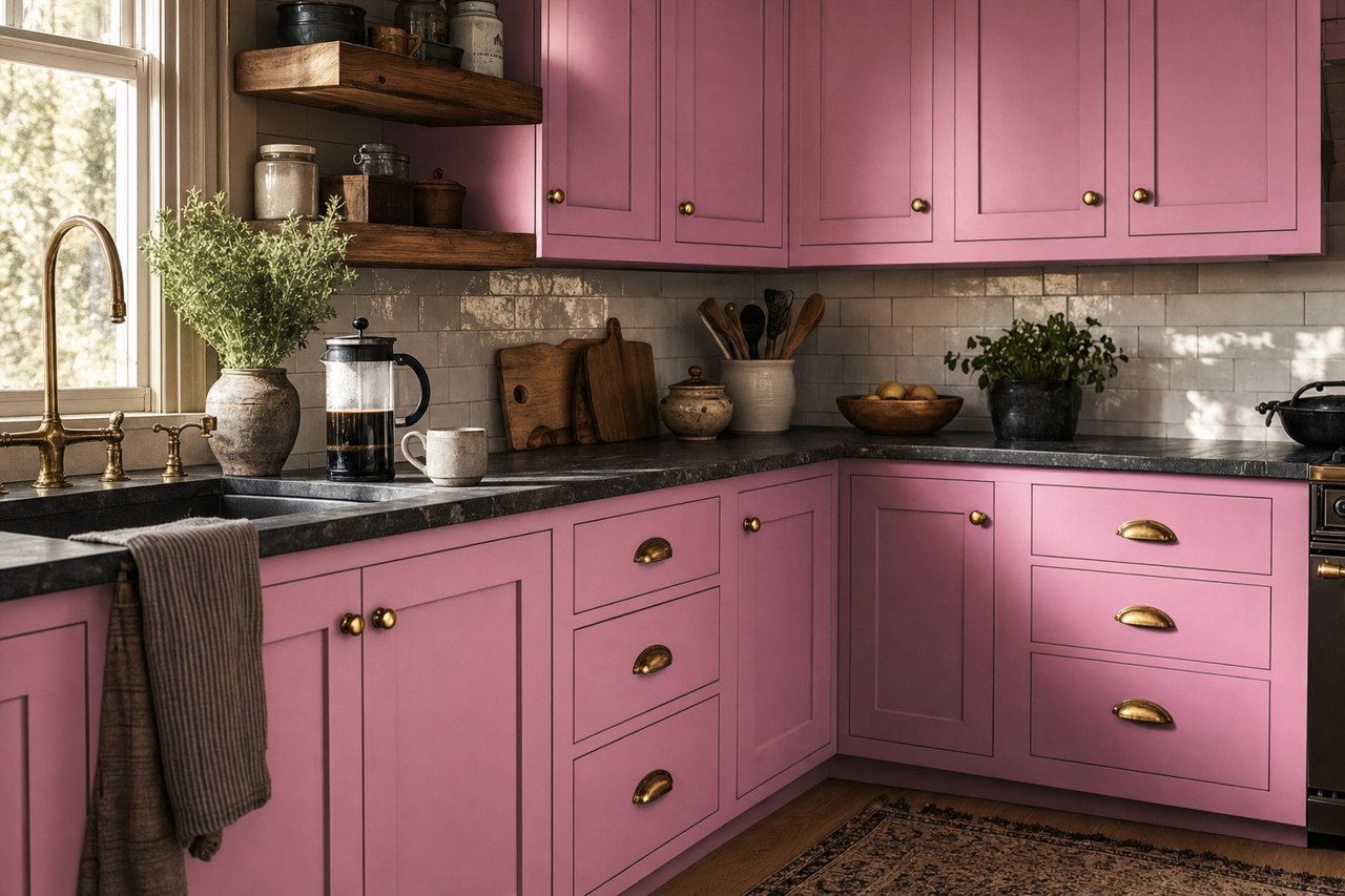 Pink by Benjamin Moore on cabinets