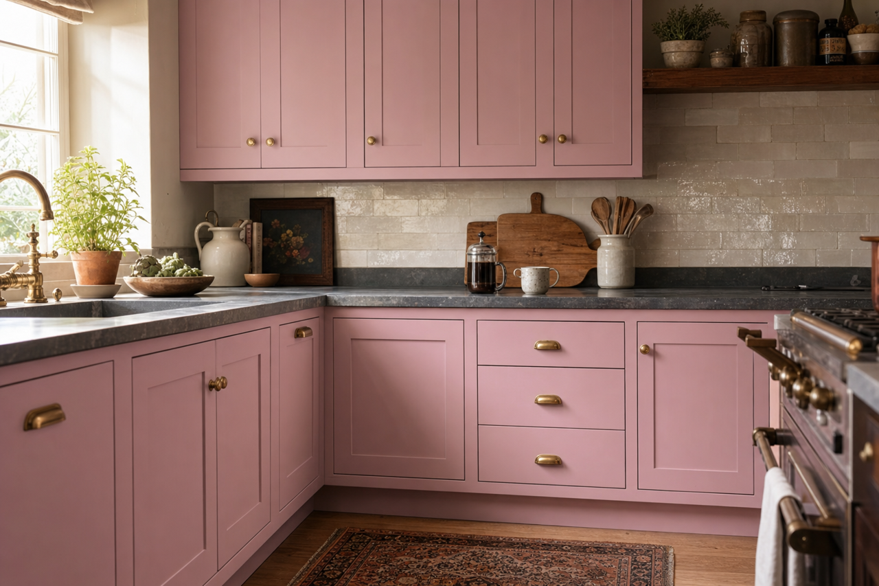Pink by Benjamin Moore on cabinets