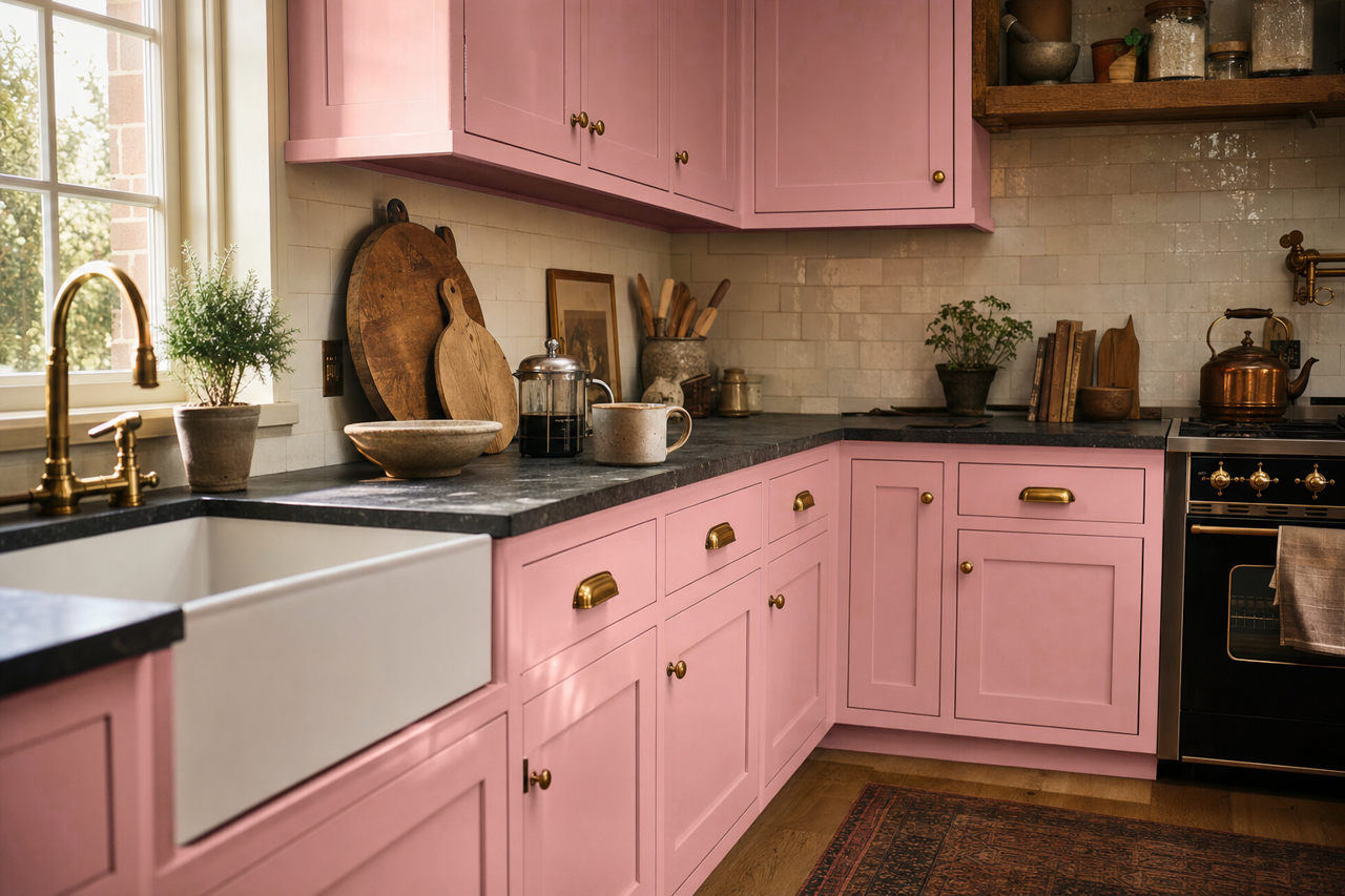 Pink by Benjamin Moore on cabinets