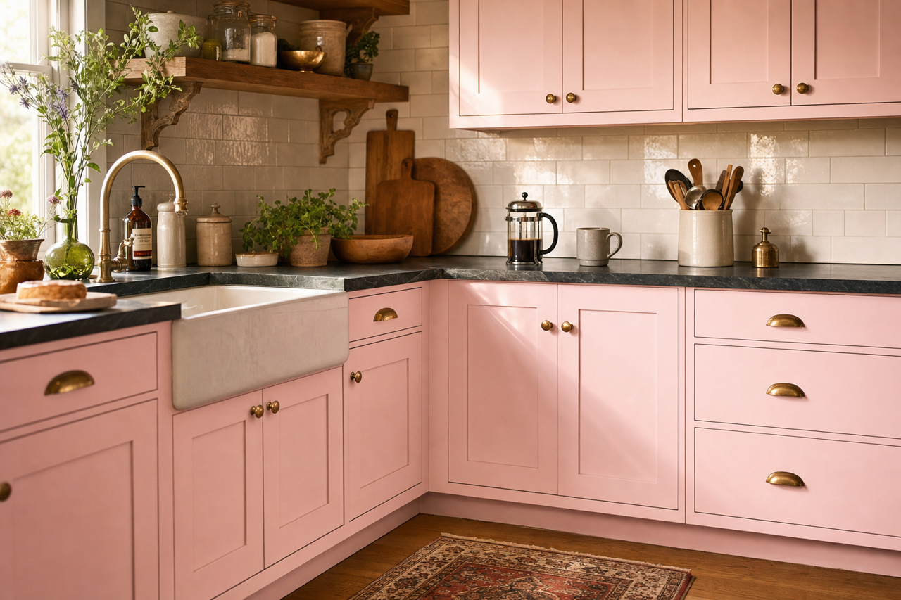 Pink by Benjamin Moore on cabinets