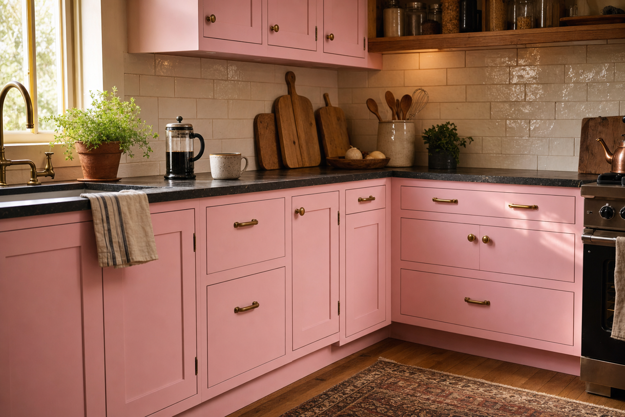 Pink by Benjamin Moore on cabinets