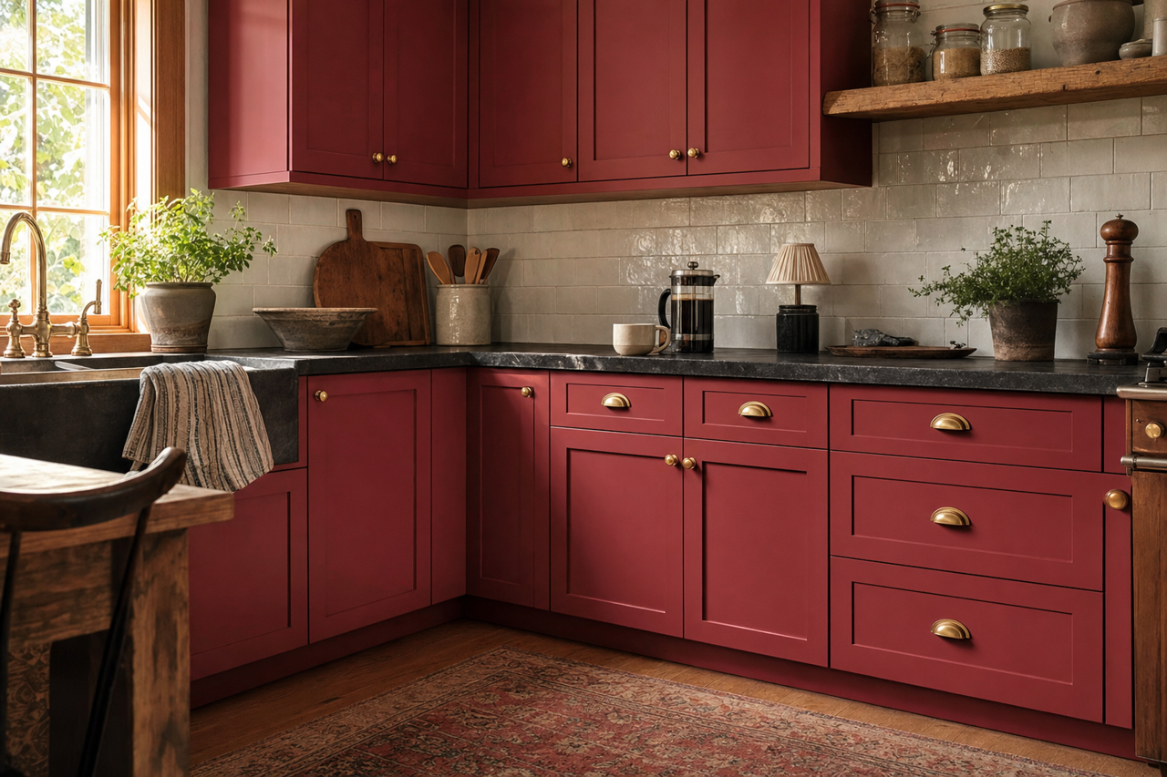Raspberry by Benjamin Moore on cabinets