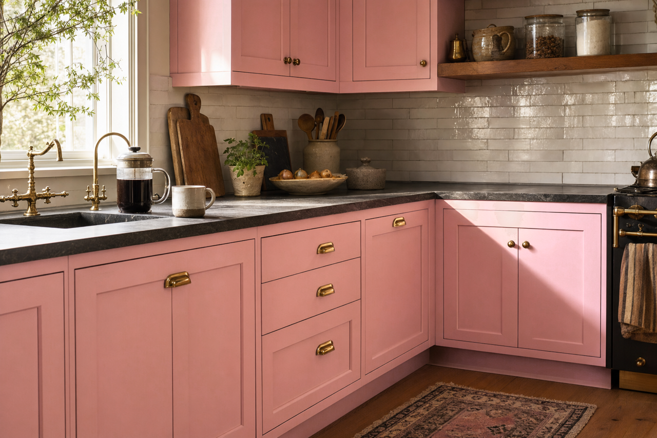 Pink by Benjamin Moore on cabinets