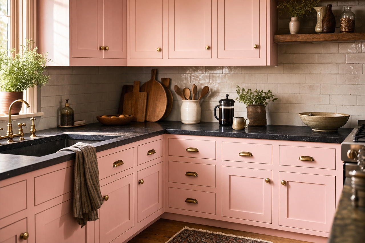 Pink by Benjamin Moore on cabinets