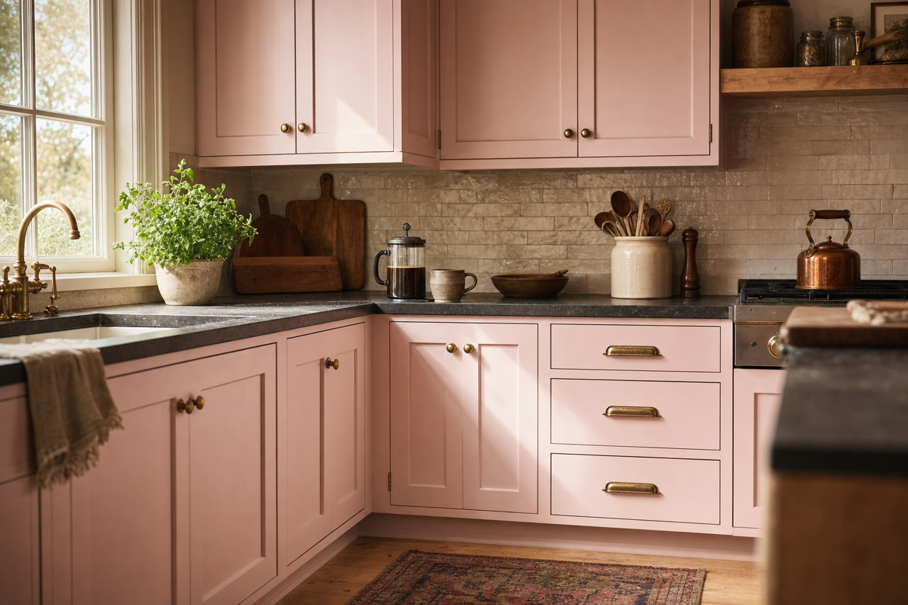 Pink by Benjamin Moore on cabinets