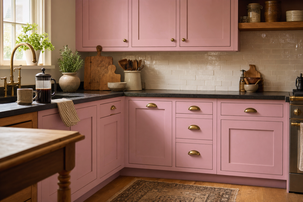 Pink by Benjamin Moore on cabinets
