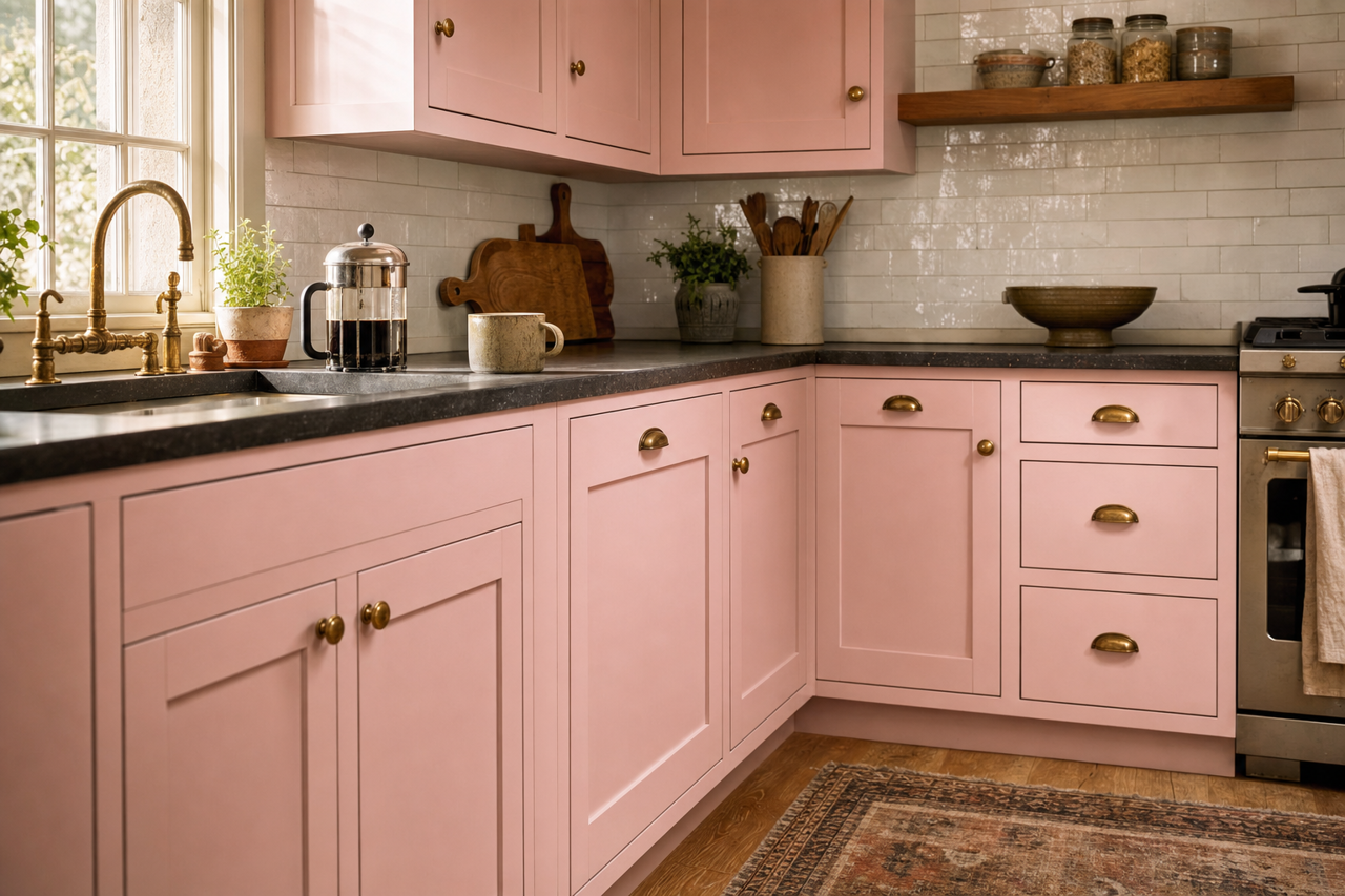 Pink by Benjamin Moore on cabinets