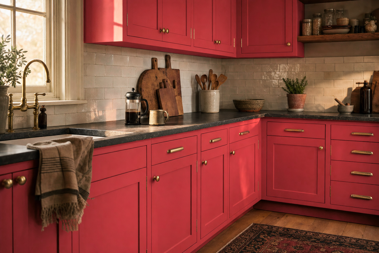 Watermelon by Benjamin Moore on cabinets
