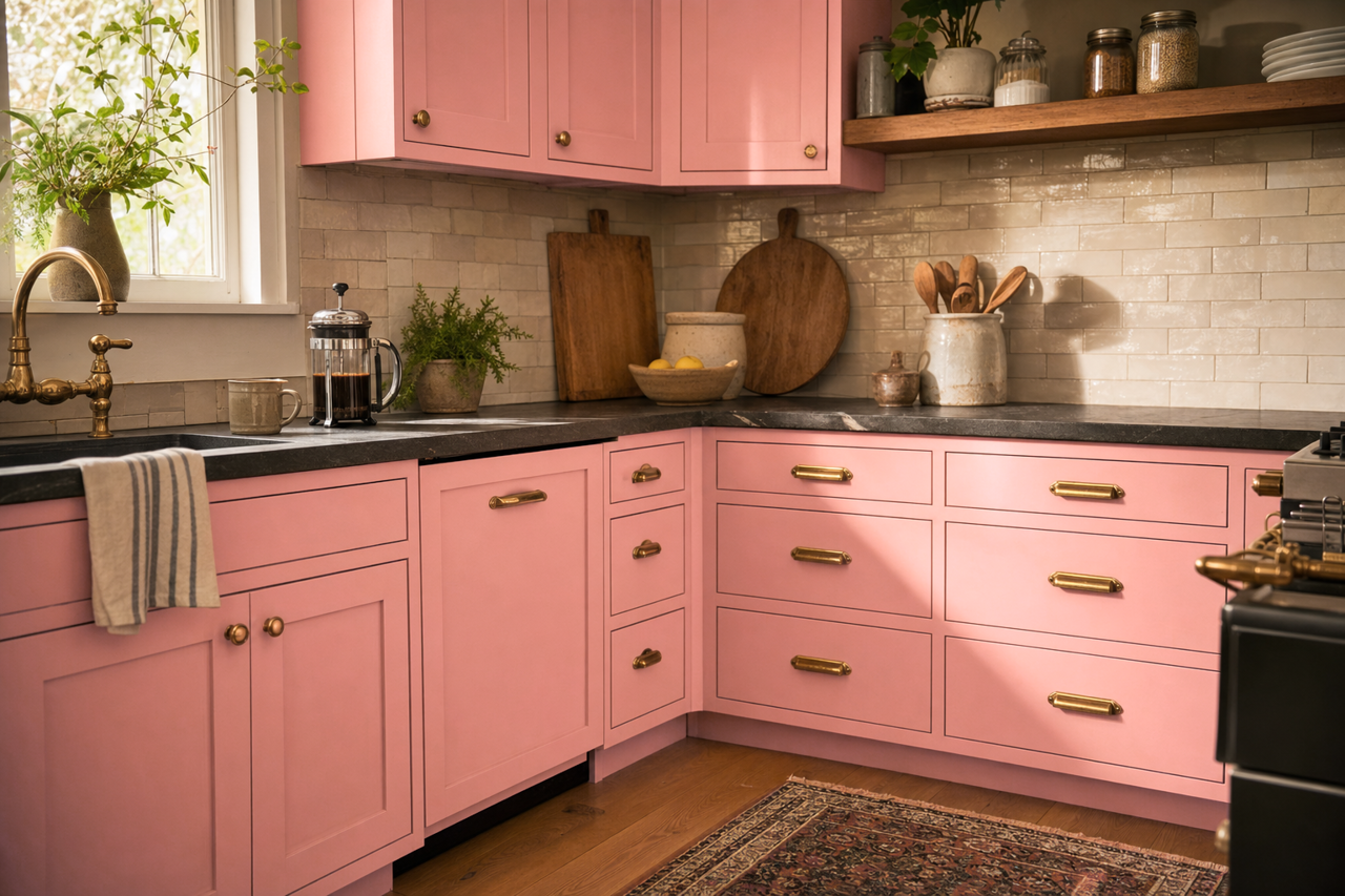 Strawberry by Benjamin Moore on cabinets