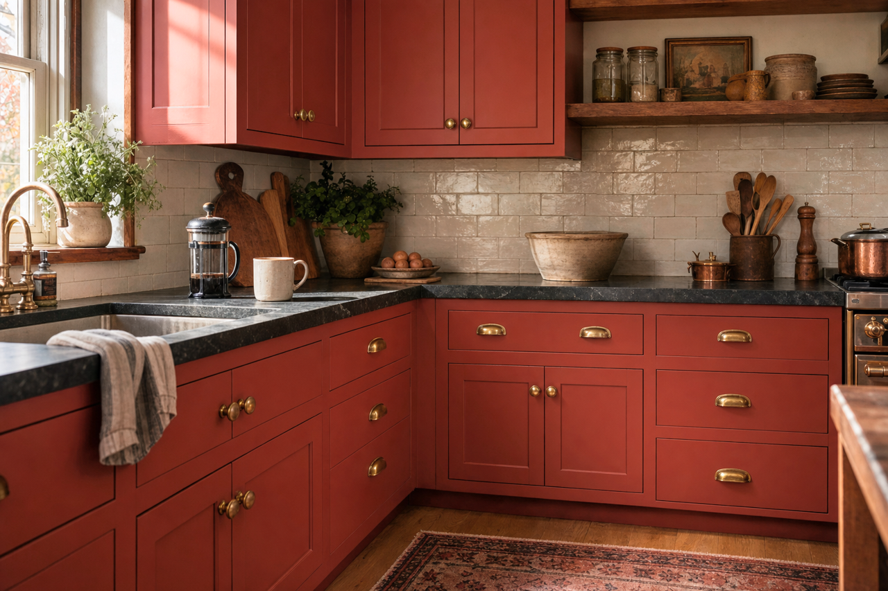 Red by Benjamin Moore on cabinets