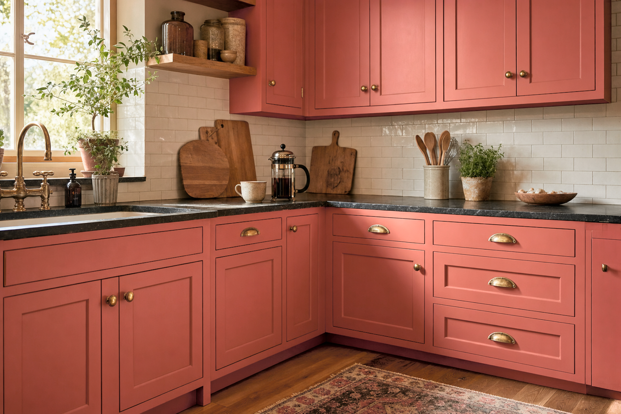 Pink by Benjamin Moore on cabinets