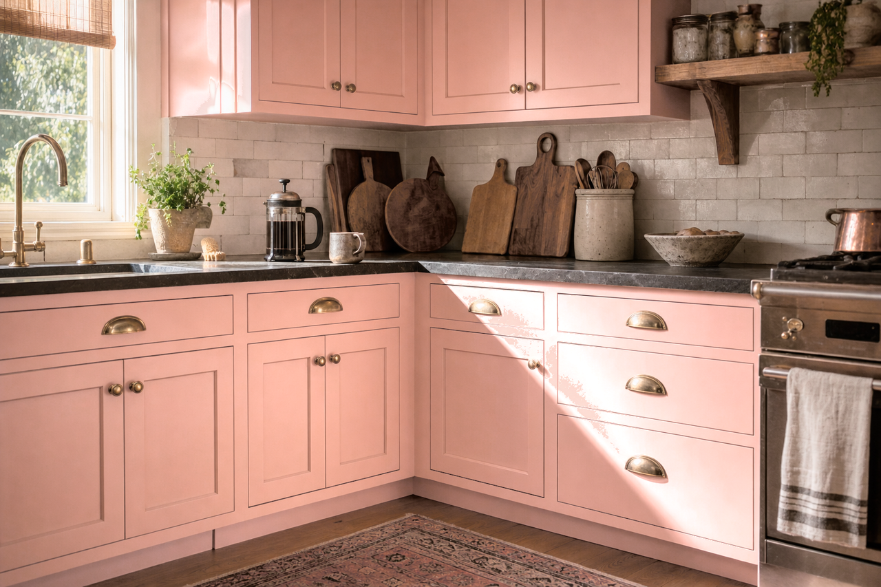 Salmon by Benjamin Moore on cabinets