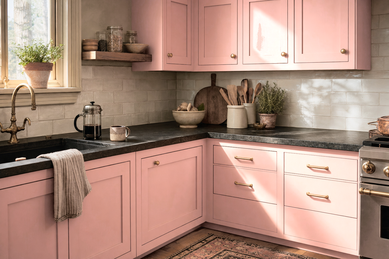 Strawberry by Benjamin Moore on cabinets