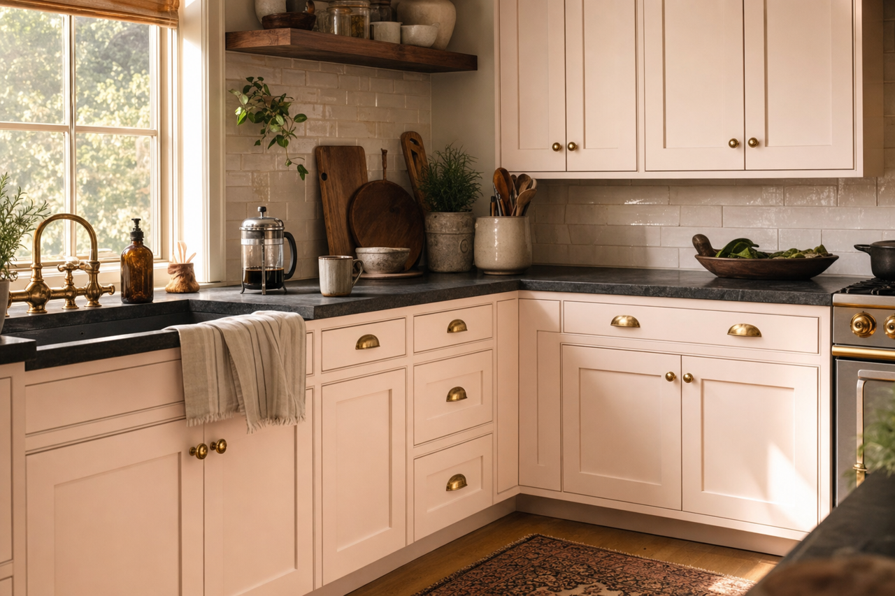 Pink by Benjamin Moore on cabinets