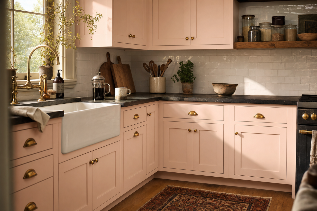 Strawberry by Benjamin Moore on cabinets