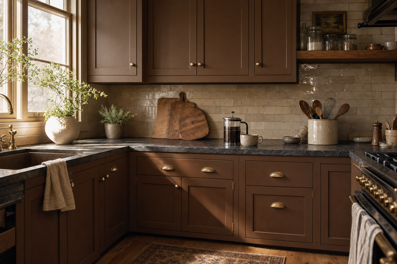 Taupe by Benjamin Moore on cabinets