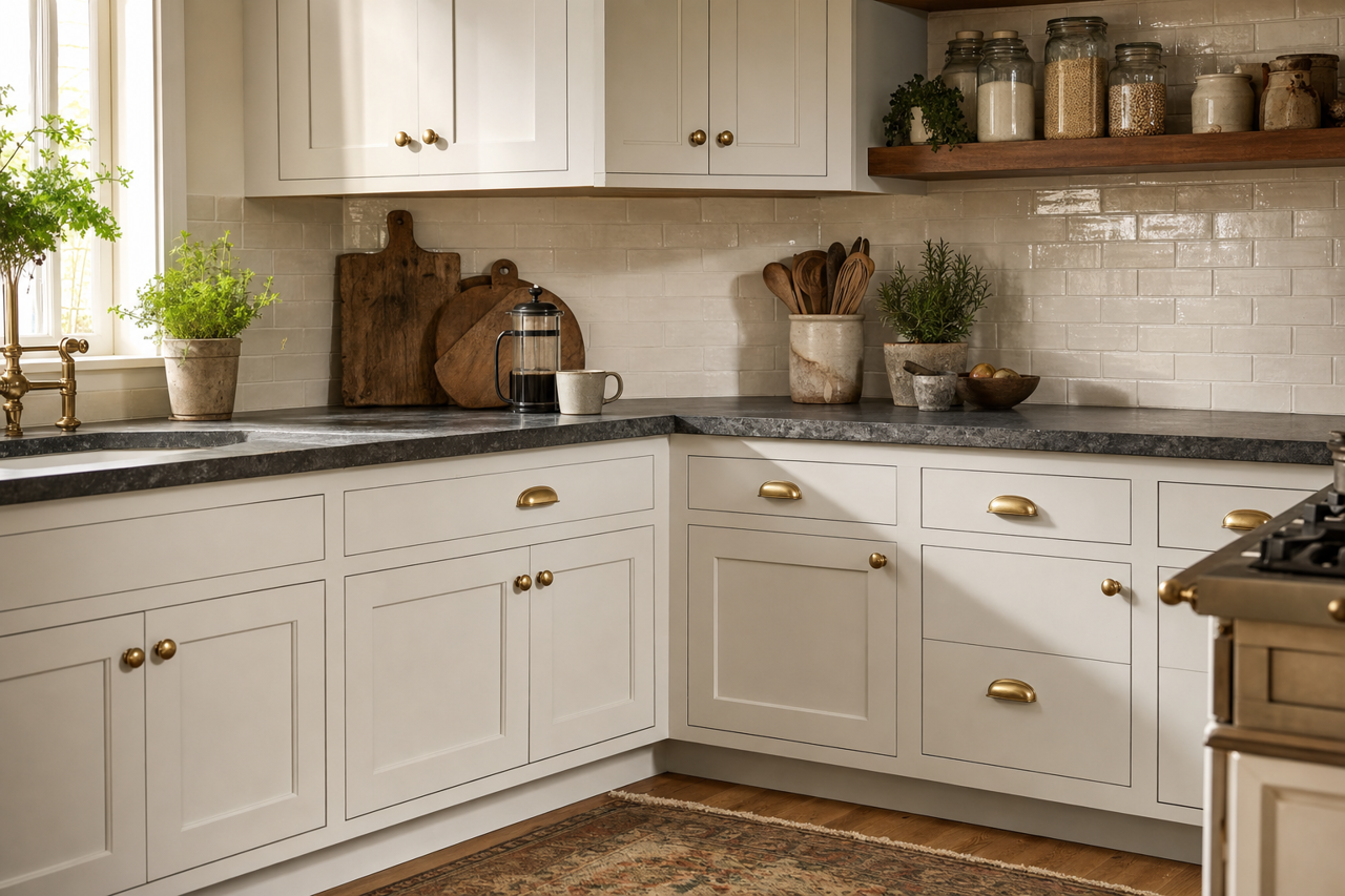 Cement by Benjamin Moore on cabinets