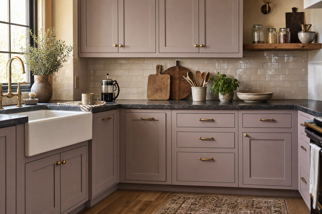 Mauve by Benjamin Moore on cabinets
