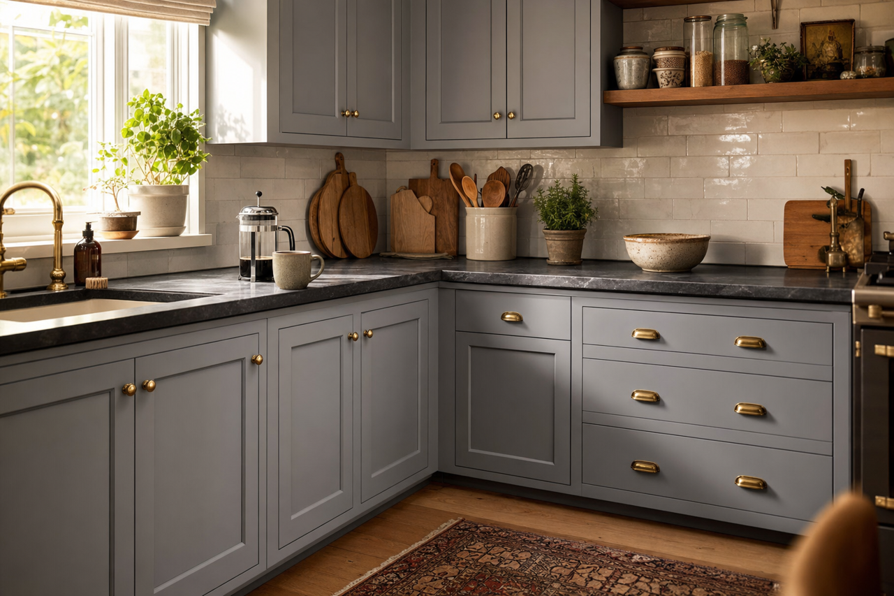 Silver by Benjamin Moore on cabinets