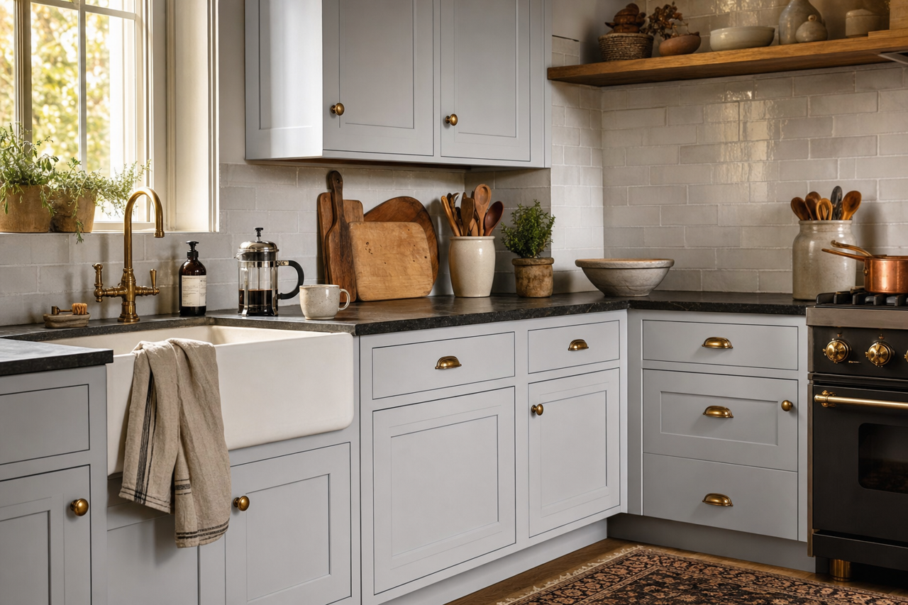 Silver by Benjamin Moore on cabinets