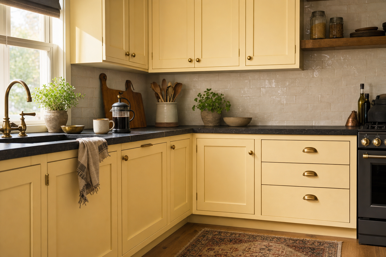 Happy by Benjamin Moore on cabinets