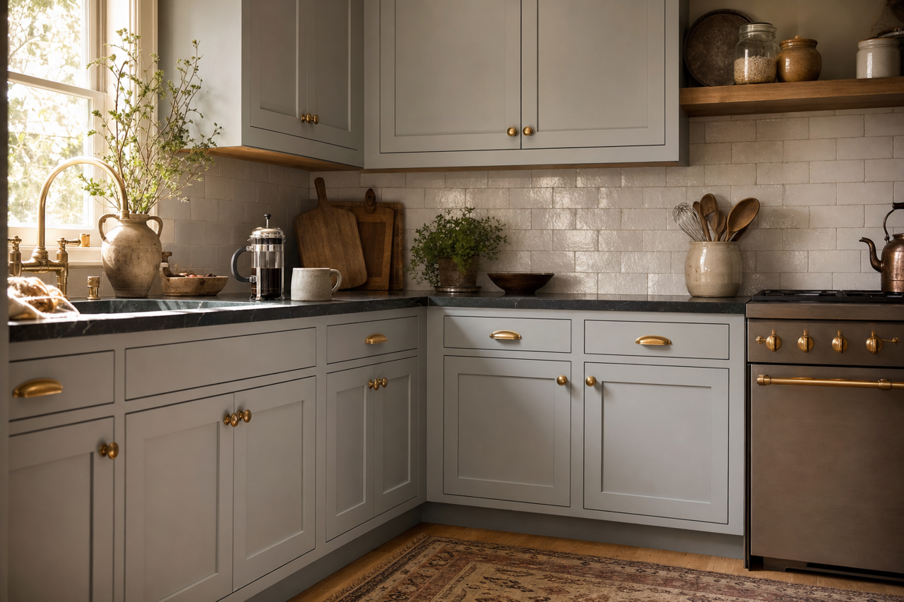 Silver by Benjamin Moore on cabinets
